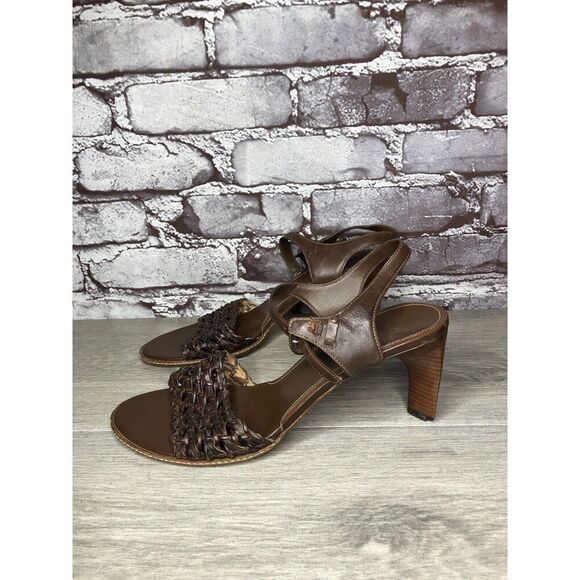 Cole Haan Brown Leather Woven Heel AnkleStrap Sandals Women Sz 8B US Broken Heel - Picture 15 of 16